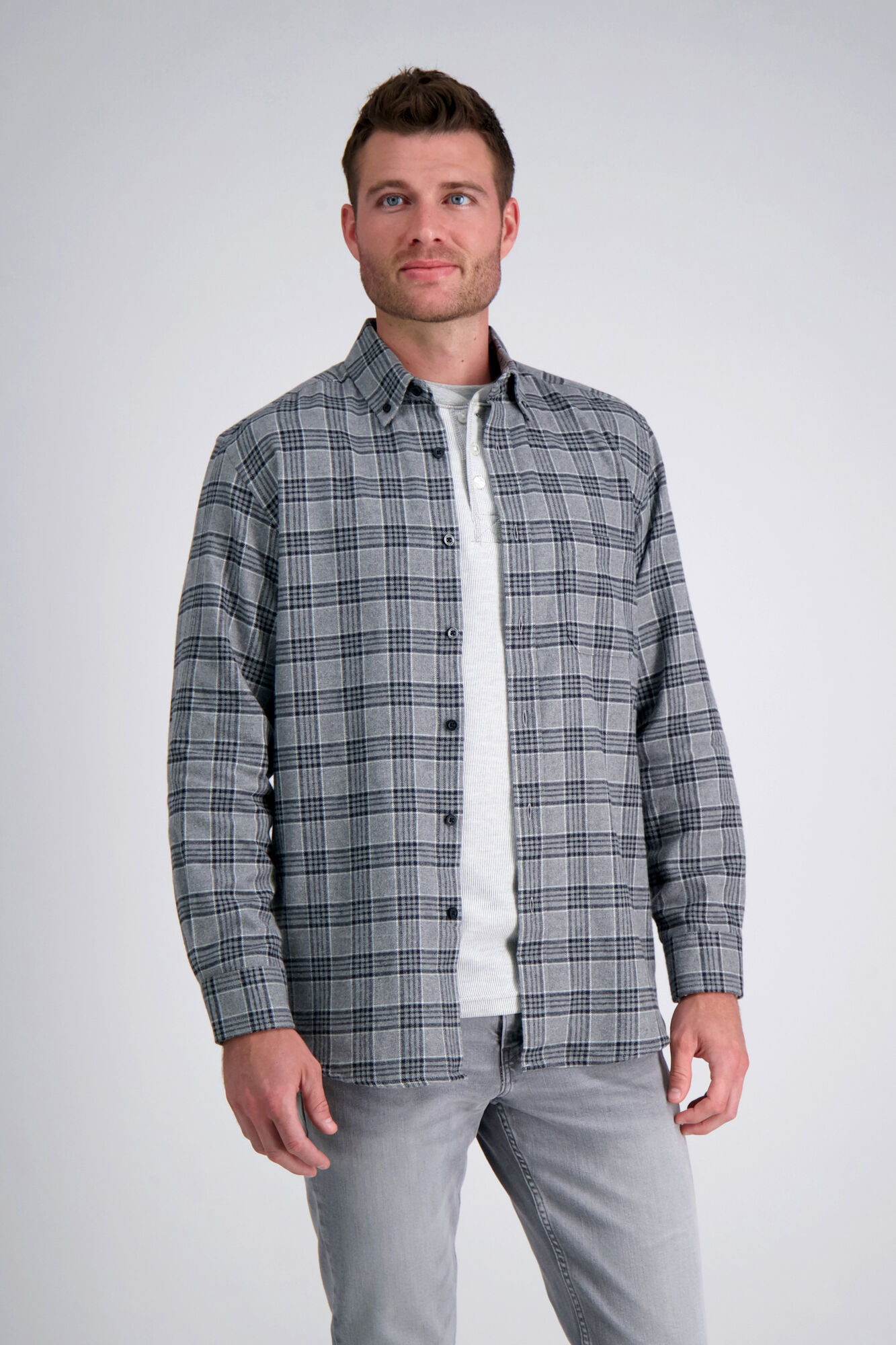 Haggar Long Flannel Plaid Shirt Med Grey (HW00462) photo