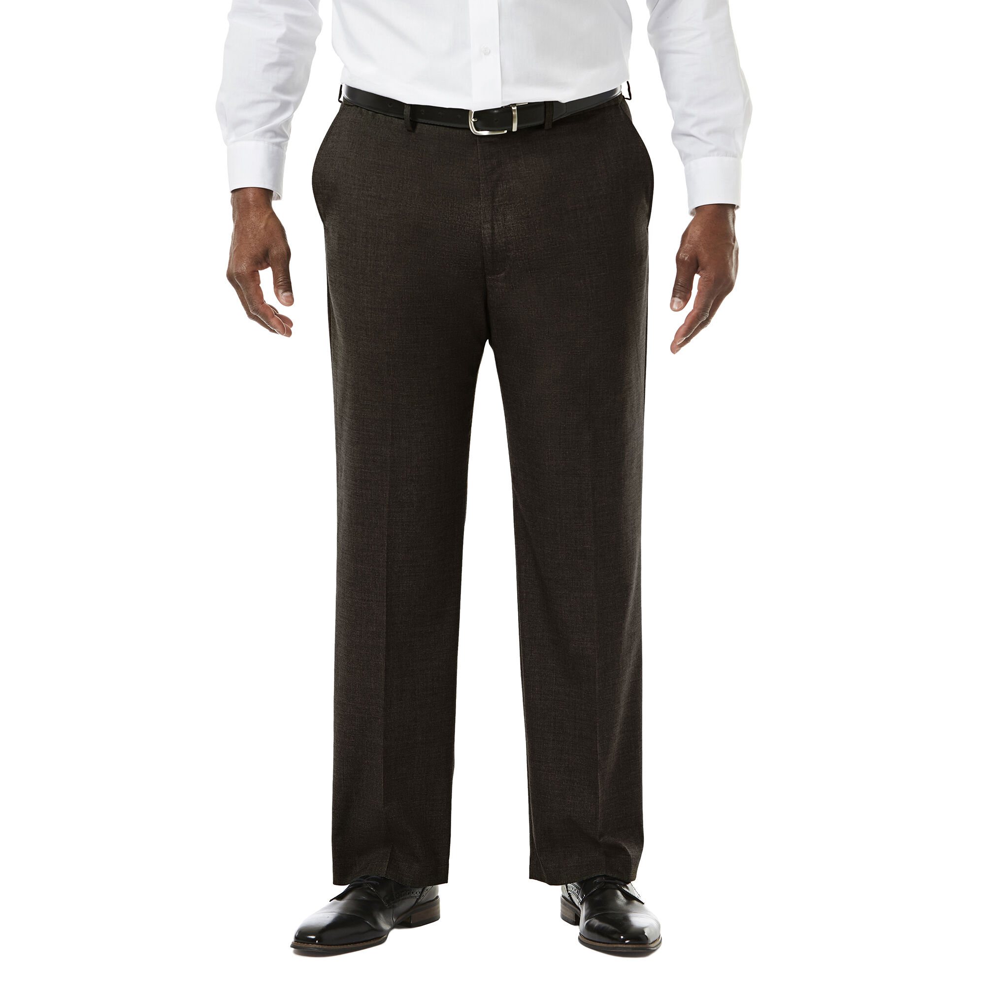 Big & Tall J.M. Haggar Premium Stretch Suit Pant - Flat Front Chocolate Big & Tall Classic Fit Flat Front Hidden Expandable Waistband: Expands up to 3" 64% Polyester, 34% Viscoe Rayon 2% Spandex Dry Clean Only Imported Style #: HY90182 Size - NoSz