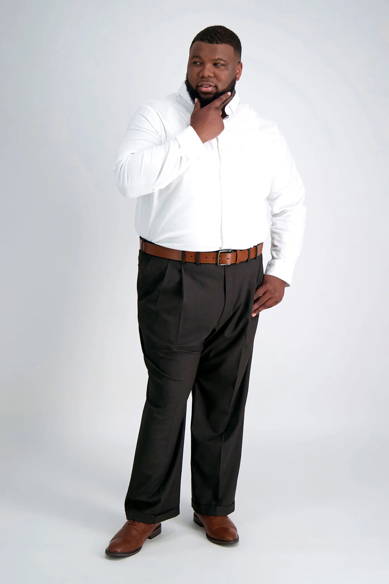 Big & Tall J.M. Haggar Premium Stretch Suit Pant - Pleated Front Chocolate Big & Tall Classic Fit Pleated Front Hidden Expandable Waistband: Expands up to 3" 64% Polyester, 34% Viscoe Rayon 2% Spandex Dry Clean Only Imported Style #: HY91182 Size - NoSz