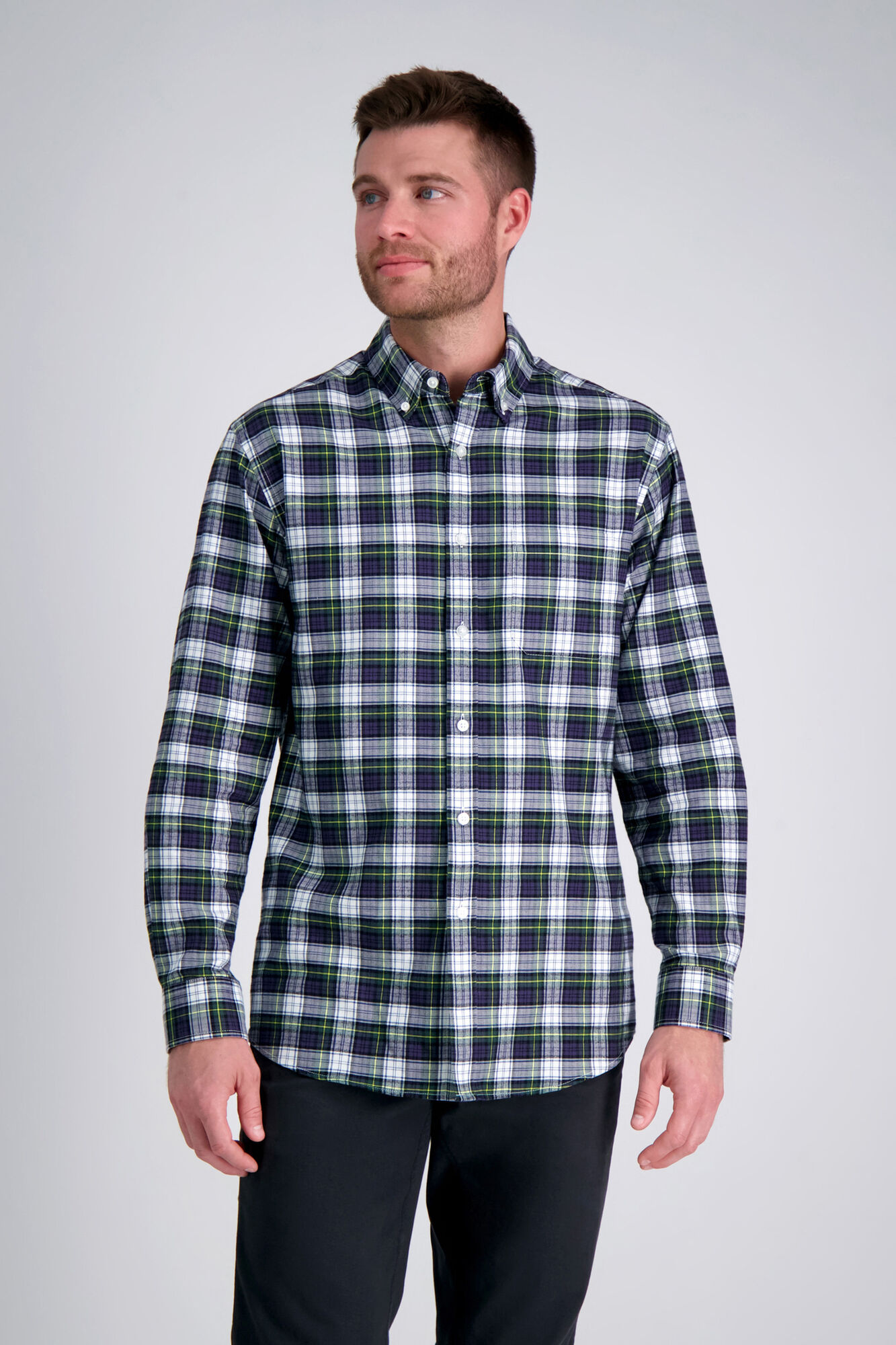 Haggar Long Sleeve Brushed Cotton Plaid Shirt Dark Green (HW00456 Clothing Shirts & Tops) photo