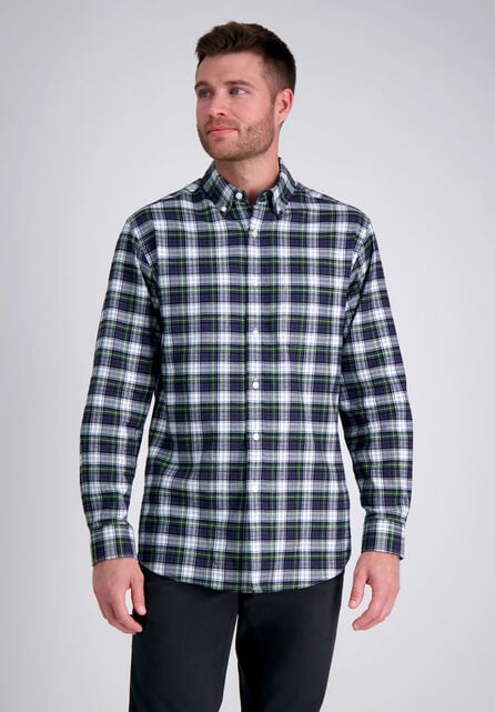 Long Sleeve Brushed Cotton Plaid Shirt, Dark Green