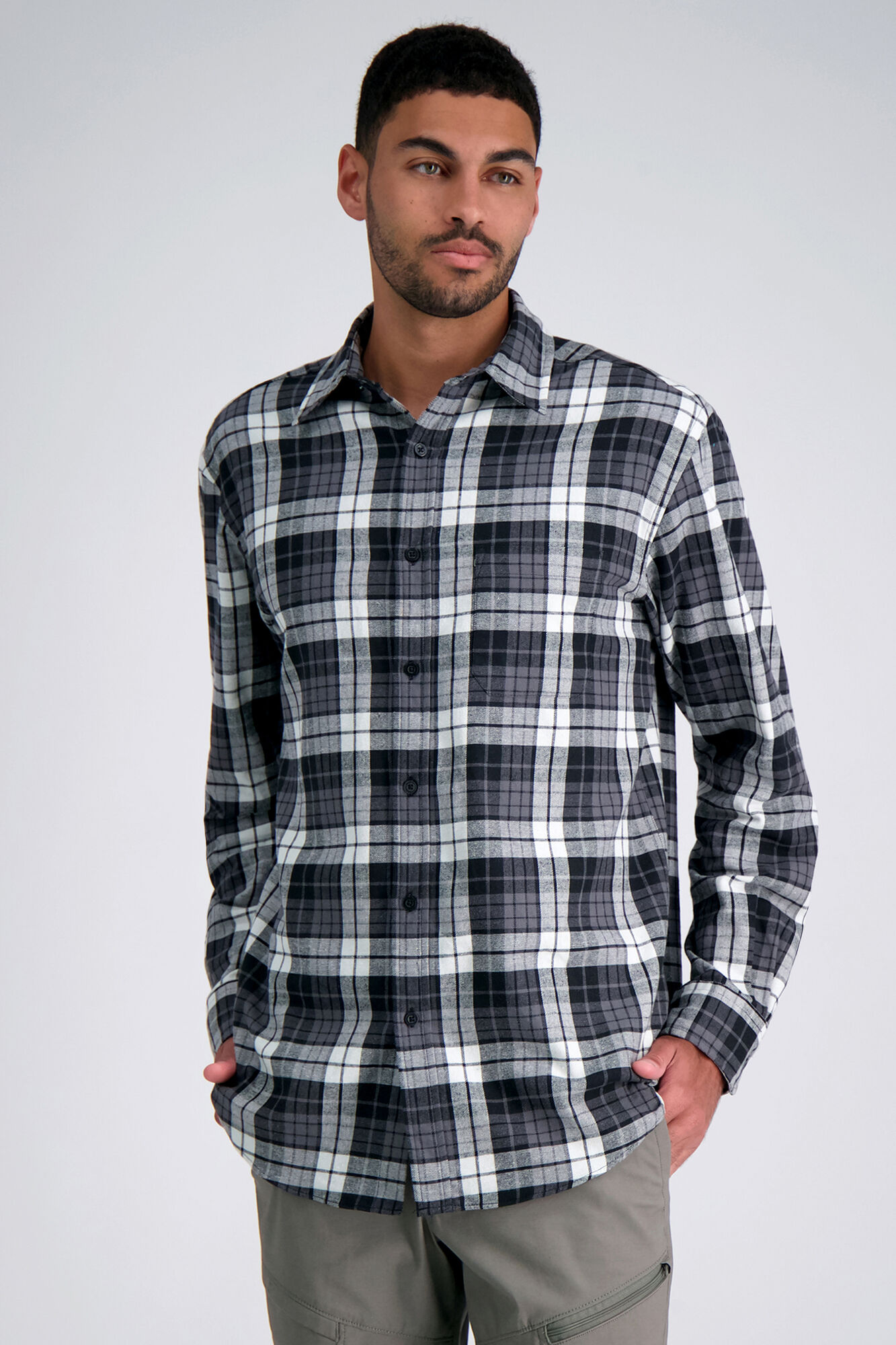 Haggar Long Sleeve Flannel Plaid Shirt Charcoal (HW00579) photo