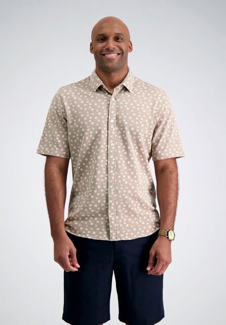 Pique Button Down Shirt - Floral Stamp, Khaki