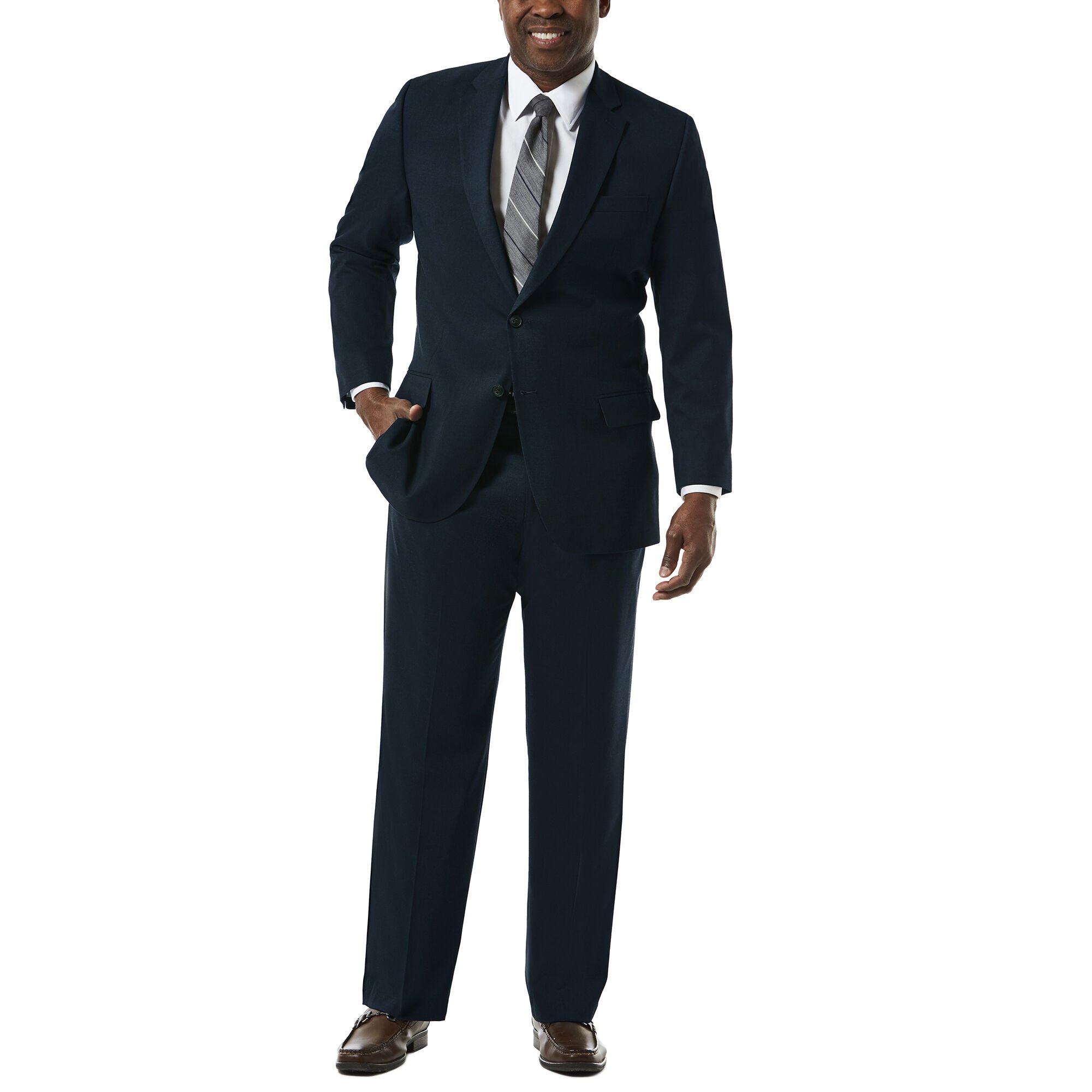 Big & Tall J.M. Haggar Premium Stretch Suit Jacket Dark Navy Classic Fit Notched Lapel 2 Button Closure Center Vent 64% Polyester, 34% Viscoe Rayon 2% Spandex Dry Clean Only Imported Style #: HZ90182 Size - L