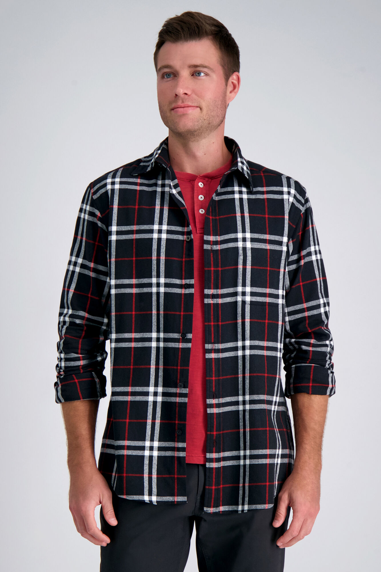 Haggar Long Sleeve Flannel Plaid Shirt Red (HW00582 Clothing Shirts & Tops) photo