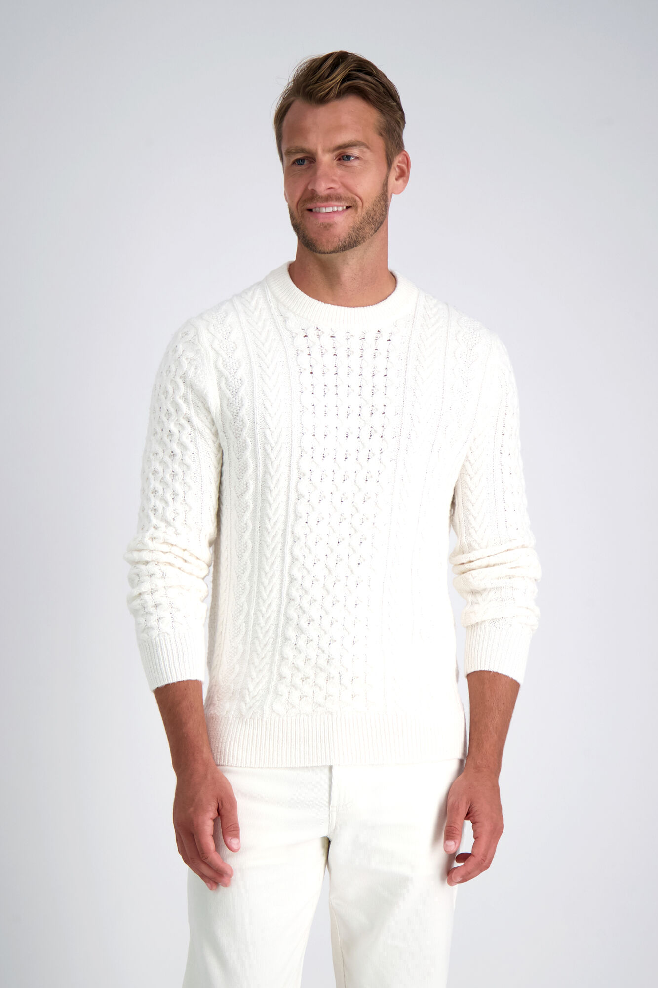 Haggar Long Sleeve Aran Cable Sweater Winter White (HF10174 Clothing Shirts & Tops) photo