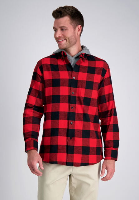 Long Flannel Plaid Shirt, Red
