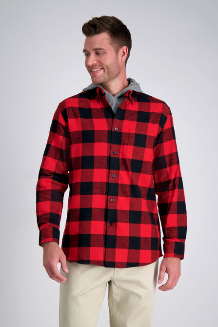 Long Flannel Plaid Shirt, Red view# 1