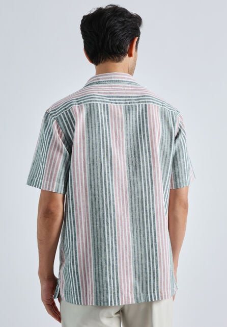 Short Sleeve Linen Stripe Camp Shirt, Pink