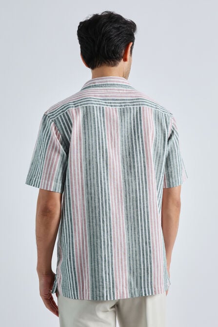 Short Sleeve Linen Stripe Camp Shirt, Pink view# 2