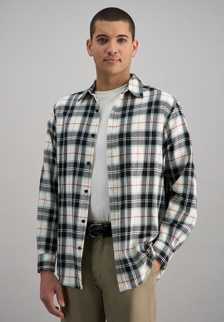 Long Sleeve Flannel Plaid Shirt, White