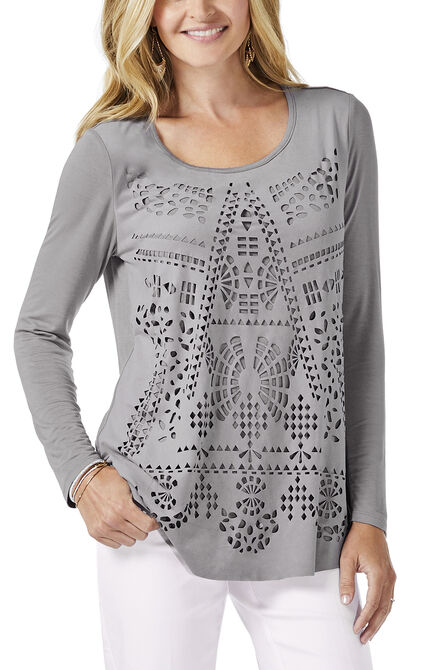 Long Sleeve Scoop Neck Top, Silver view# 1