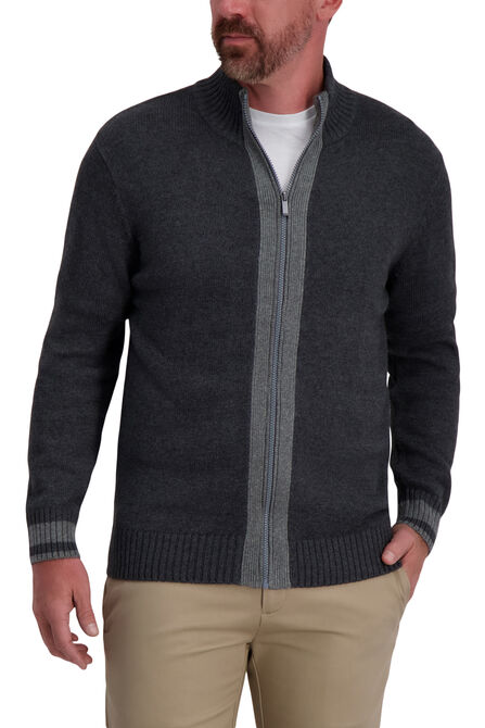 Full Zip Contrast Sweater, Iron Htr view# 1