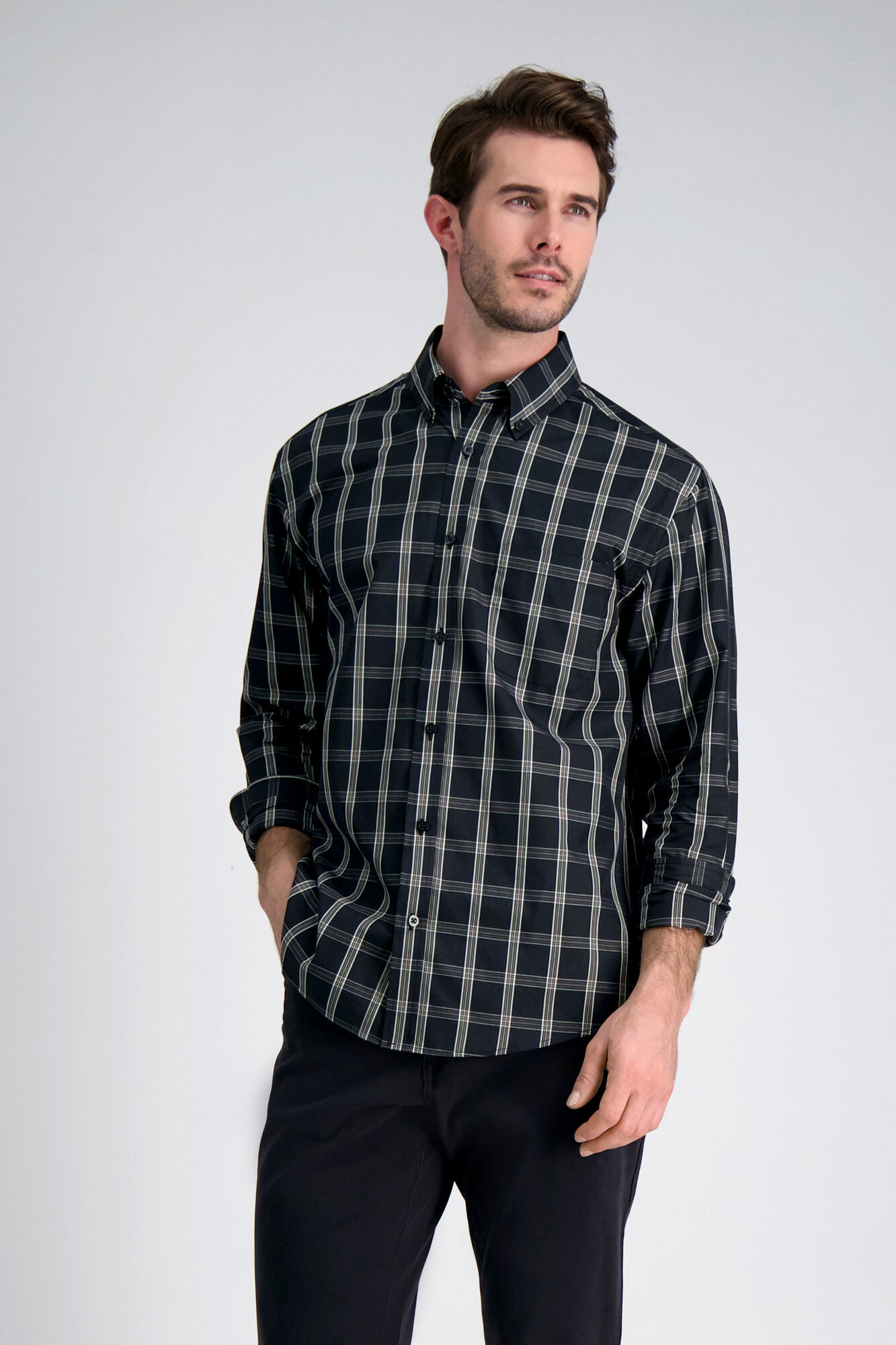 Haggar Long Sleeve Plaid Button Down Shirt Grey (HW00543 Clothing Shirts & Tops) photo