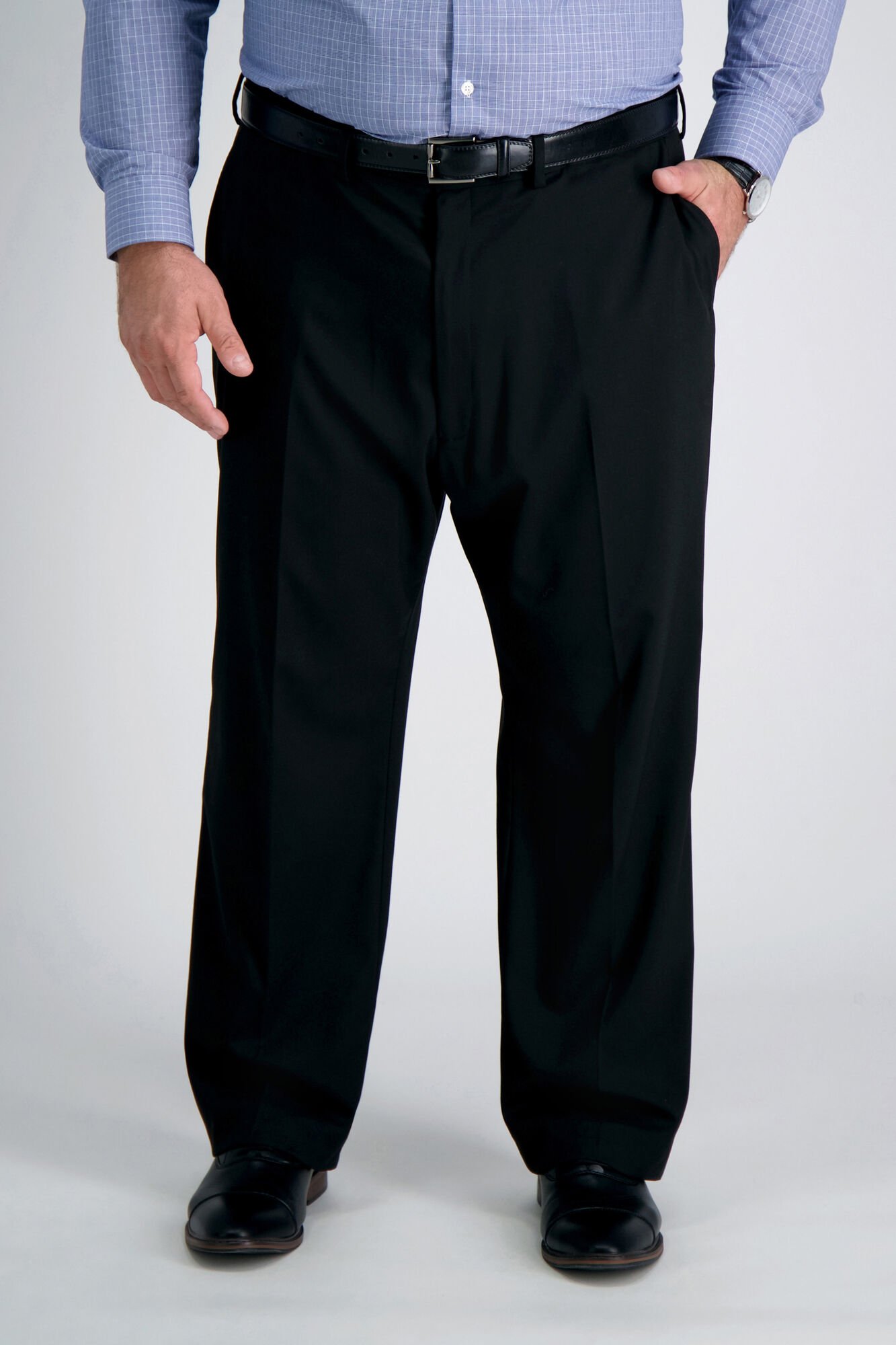 Big & Tall J.M. Haggar Premium Stretch Suit Pant - Flat Front Black Big & Tall Classic Fit Flat Front Hidden Expandable Waistband: Expands up to 3" 64% Polyester, 34% Viscoe Rayon 2% Spandex Dry Clean Only Imported Style #: HY90182 Size - L
