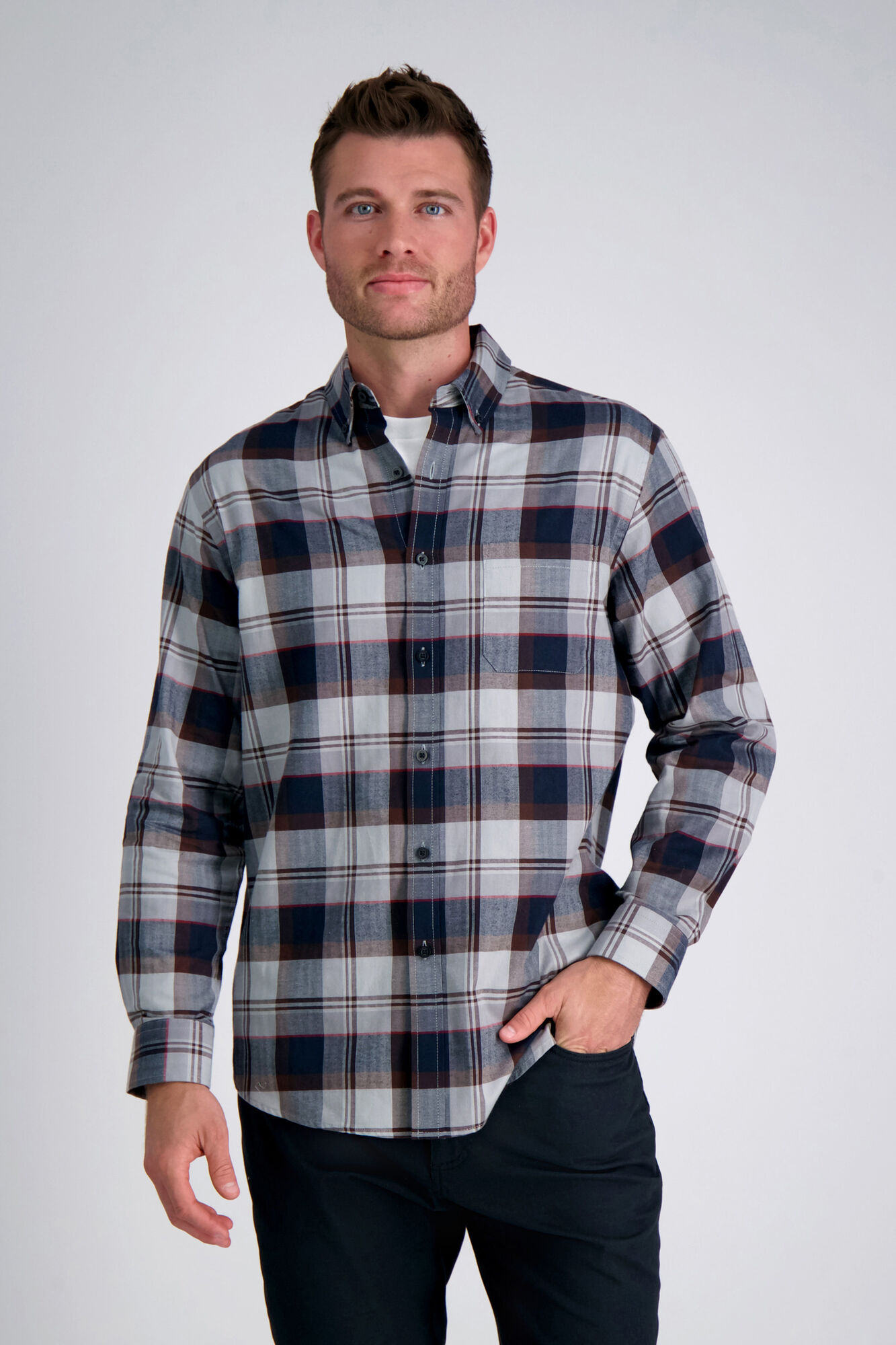 Haggar Long Sleeve Brushed Cotton Plaid Shirt Brown Heather (HW00457 Clothing Shirts & Tops) photo