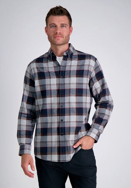 Long Sleeve Brushed Cotton Plaid Shirt, Brown Heather
