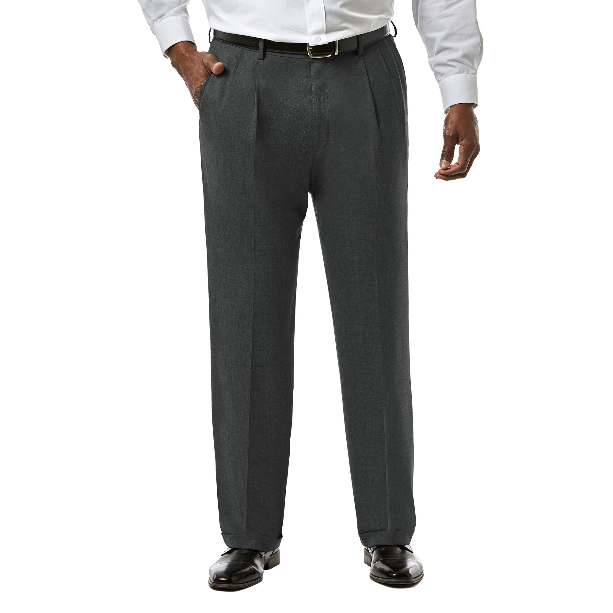 Big & Tall J.M. Haggar Premium Stretch Suit Pant - Pleated Front Medium Grey Big & Tall Classic Fit Pleated Front Hidden Expandable Waistband: Expands up to 3" 64% Polyester, 34% Viscoe Rayon 2% Spandex Dry Clean Only Imported Style #: HY91182 Size - M