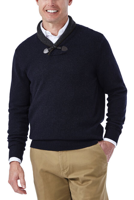 Contrast Shawl Collar with Toggle Sweater, Heather Navy view# 1