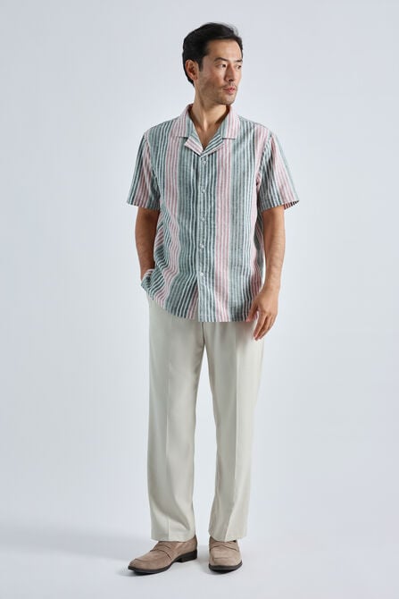 Short Sleeve Linen Stripe Camp Shirt, Pink view# 3