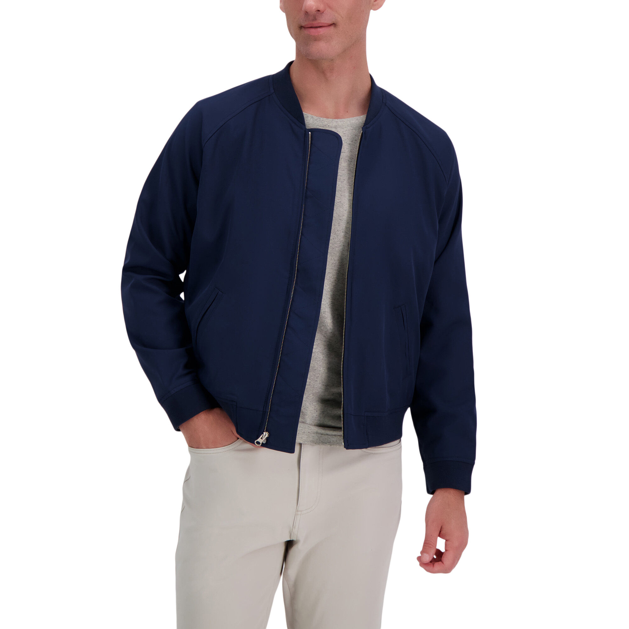Stretch Gabardine Solid Full Zip Bomber Jacket