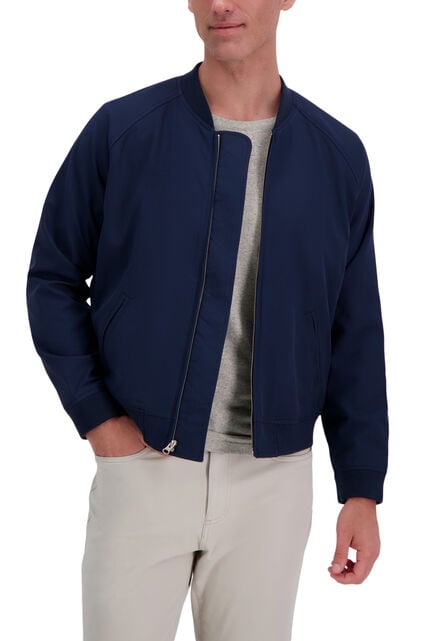 Stretch Gabardine Solid Full-Zip Bomber Jacket, Navy