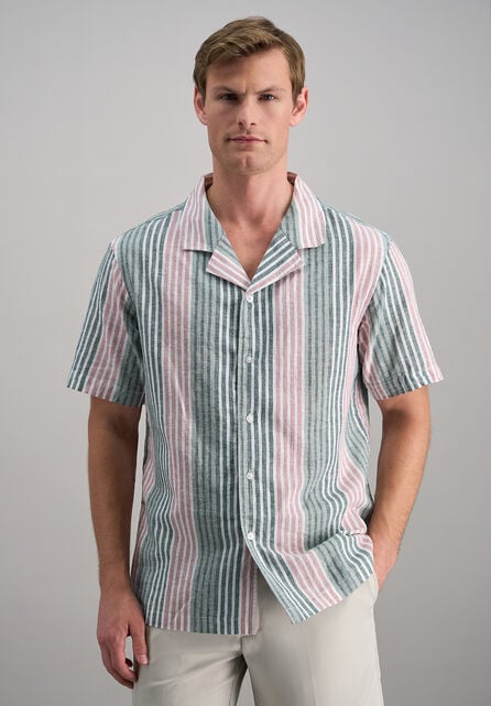 Short Sleeve Linen Stripe Camp Shirt, Pink