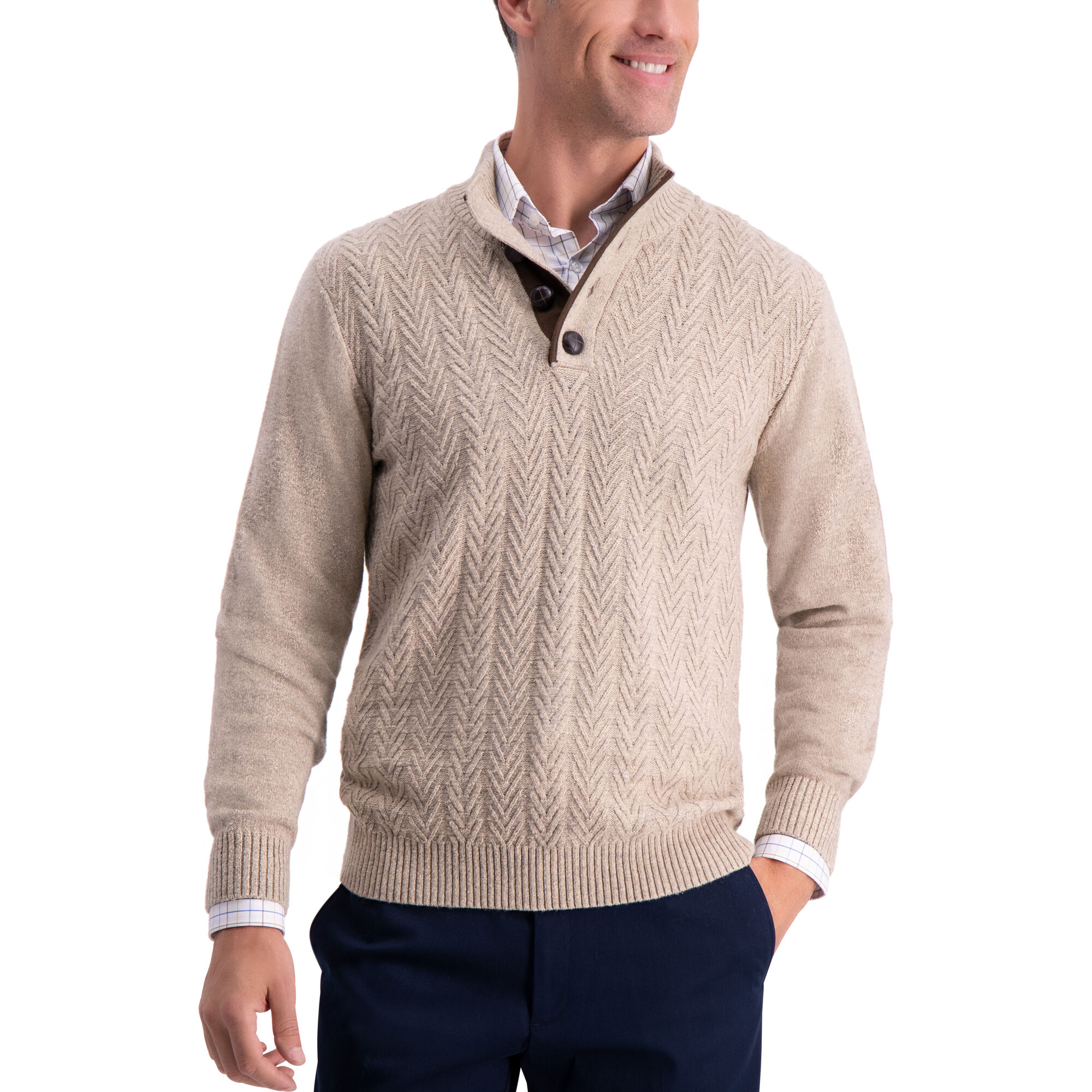 Haggar Chevron Texture Sweater Khaki (HGHF8S6112 Clothing Shirts & Tops) photo