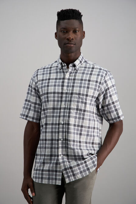 Short Sleeve Button-Down Linen Shirt, Dark Grey view# 1