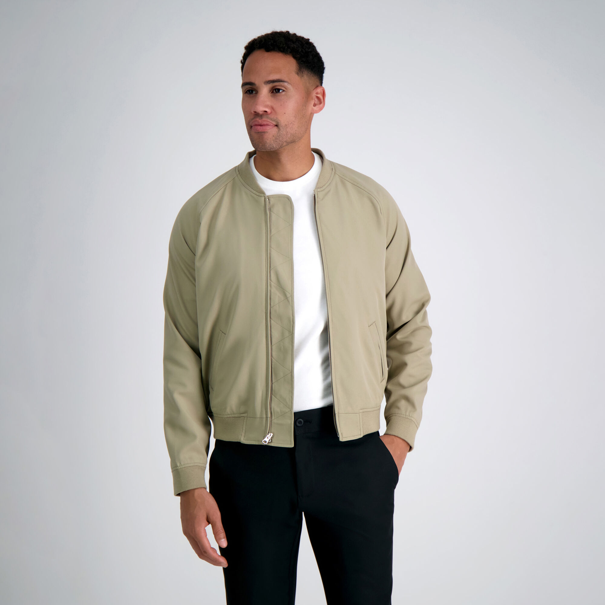 Stretch Gabardine Solid Full Zip Bomber Jacket
