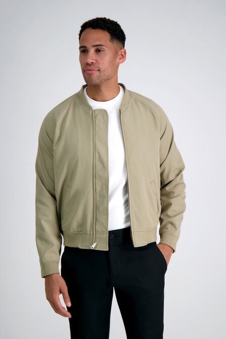 Stretch Gabardine Solid Full-Zip Bomber Jacket, Tan view# 1