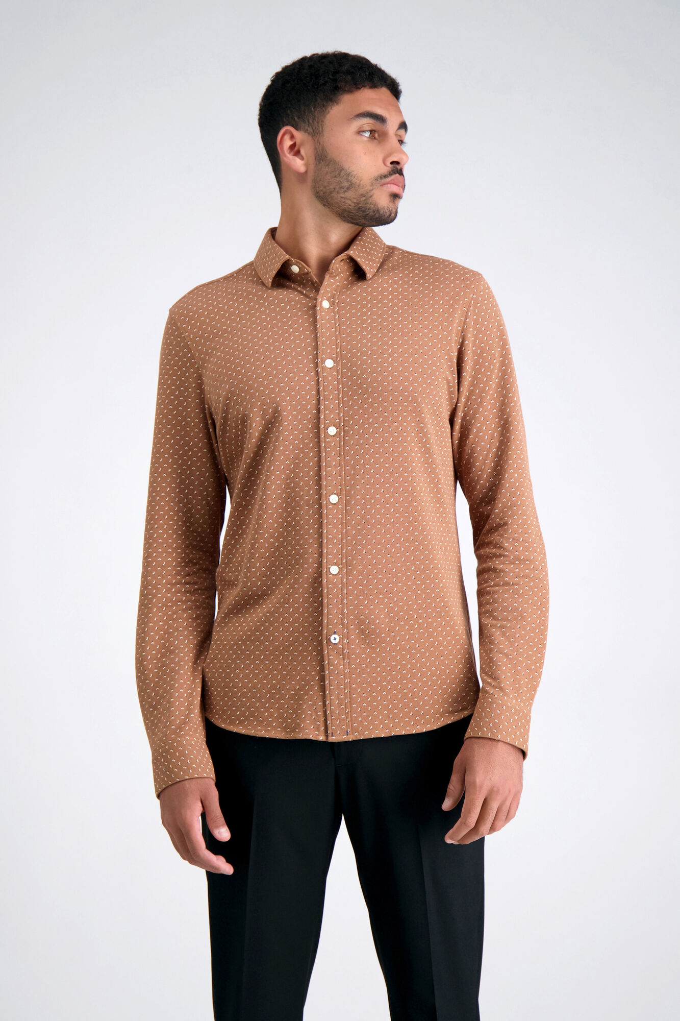 Haggar Long Sleeve Pique Shirt - Multi Dot Mocha (HW00429 Clothing Shirts & Tops) photo