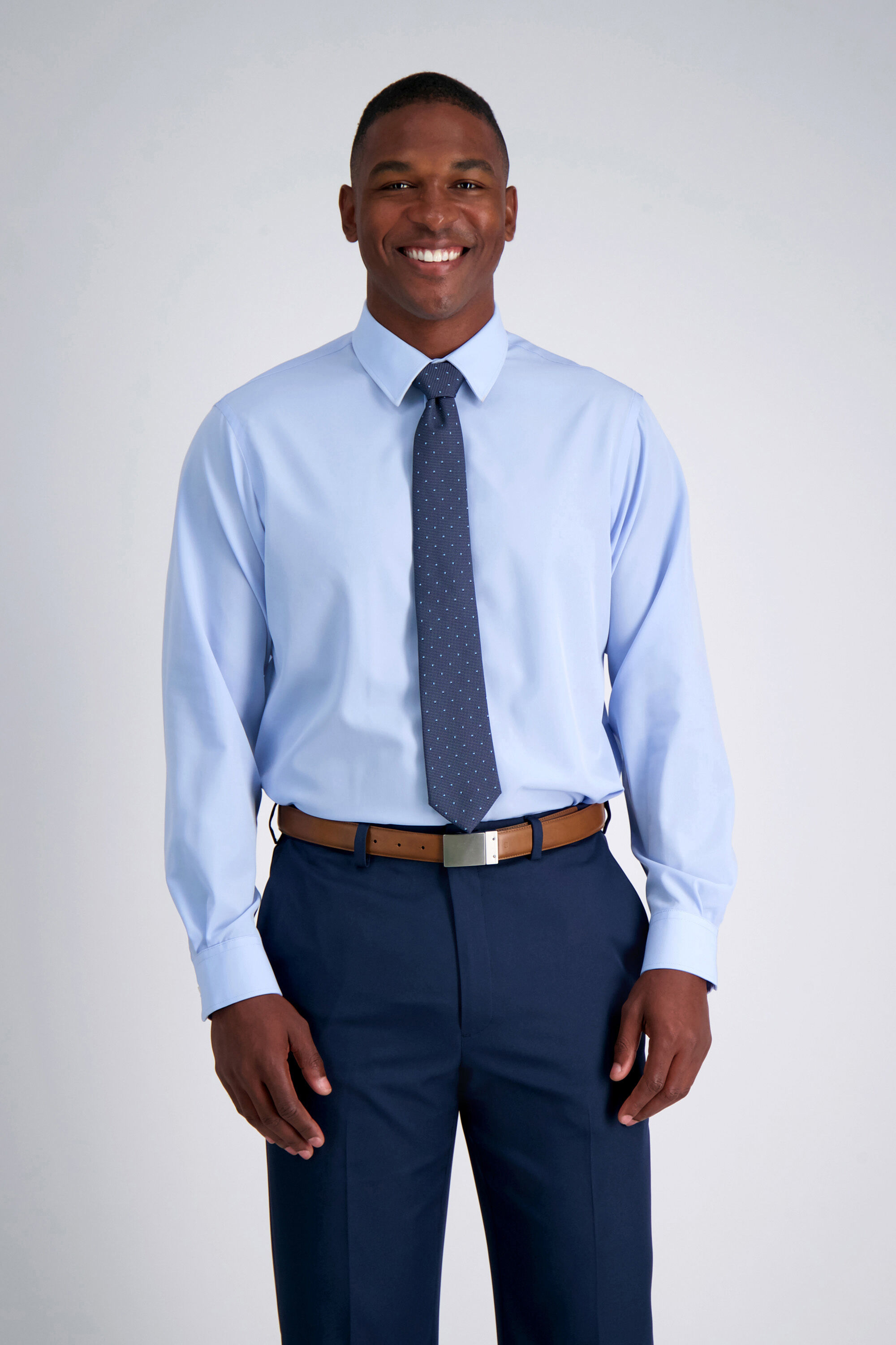 Can I wear a light blue dress shirt with blue pants This is for an  interview with a large tech company casual  business casual wear with  British tan belt and shoes