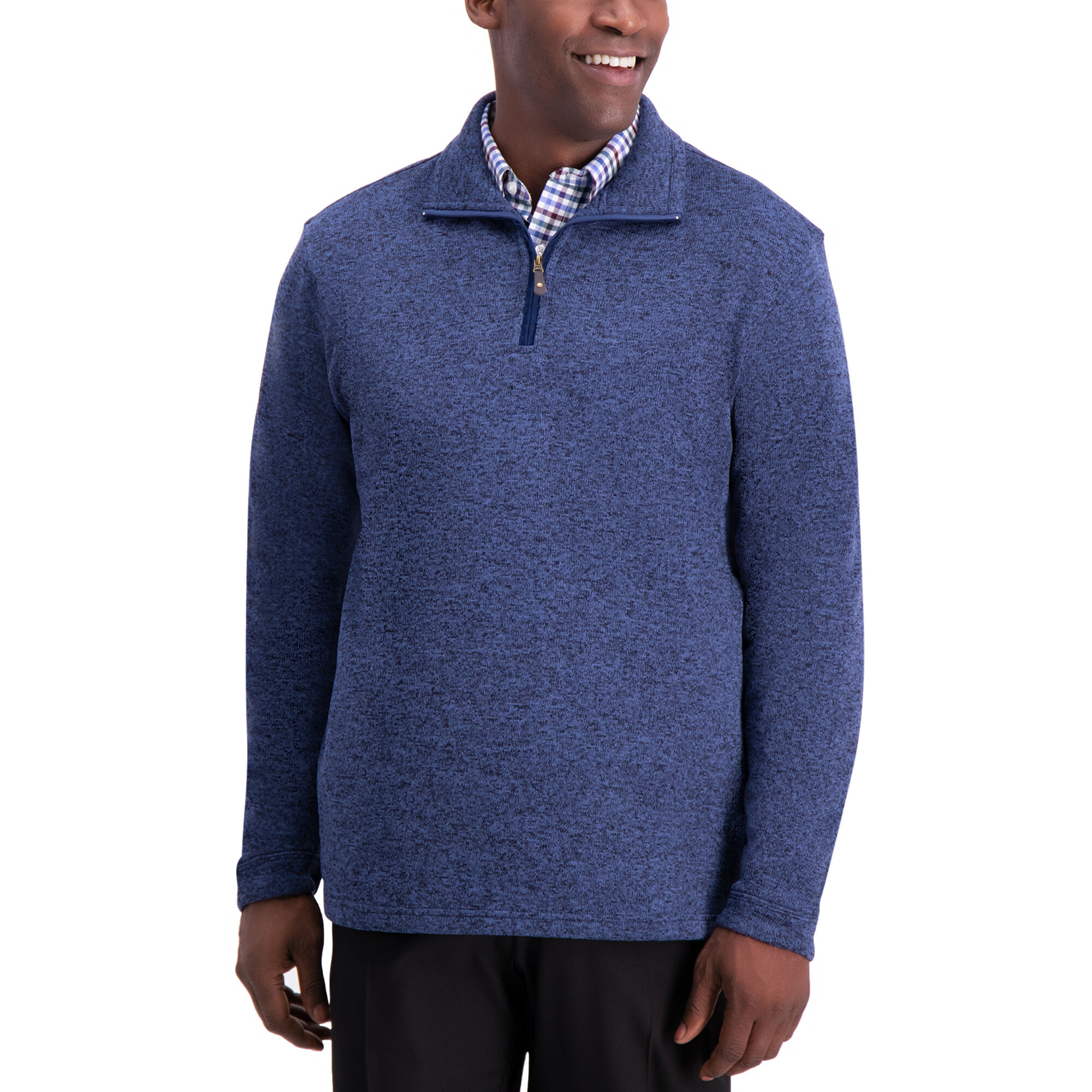 Haggar 1/4 Zip Knit Fleece Sweater Peacoat 1/4 Zip Marled with Faux Suede 100% Polyester Machine Washable Imported Style #: 037301 Size - S