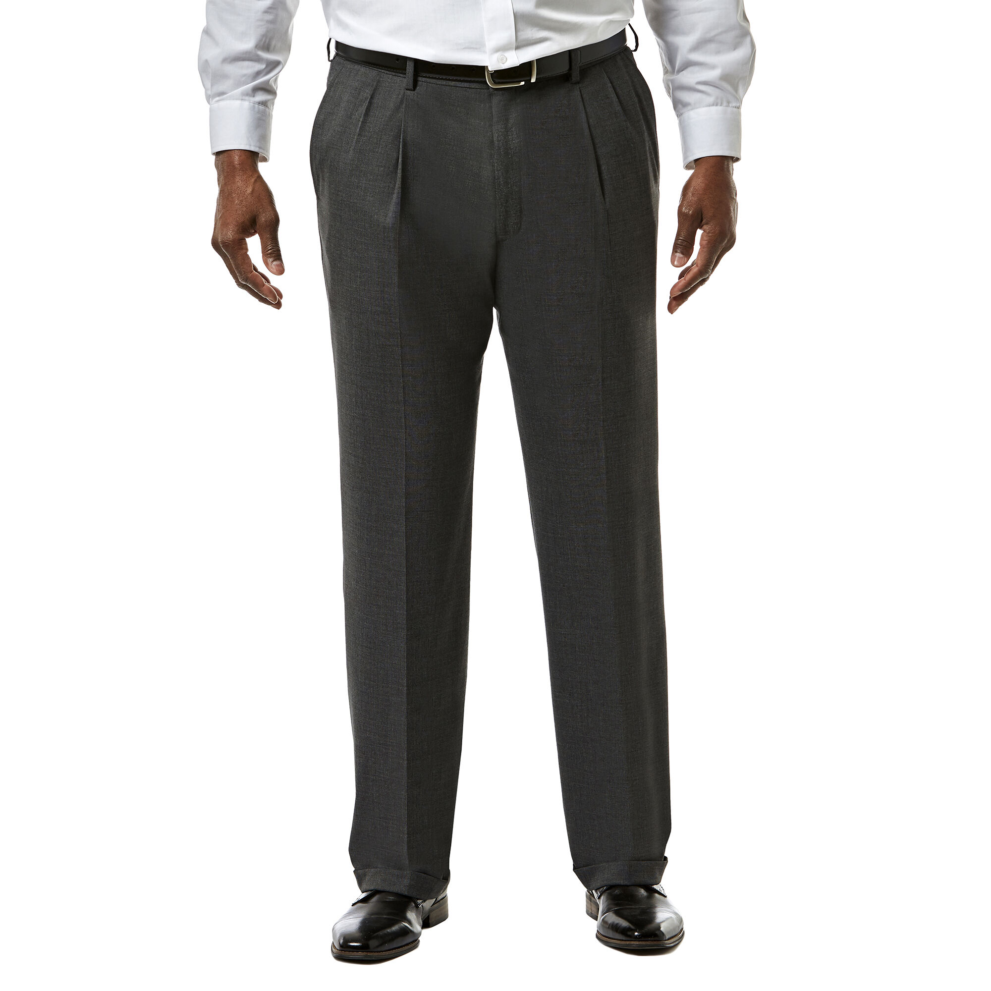 Big & Tall J.M. Haggar Premium Stretch Suit Pant - Pleated Front Dark Heather Grey Big & Tall Classic Fit Pleated Front Hidden Expandable Waistband: Expands up to 3" 64% Polyester, 34% Viscoe Rayon 2% Spandex Dry Clean Only Imported Style #: HY91182 Size - XXL