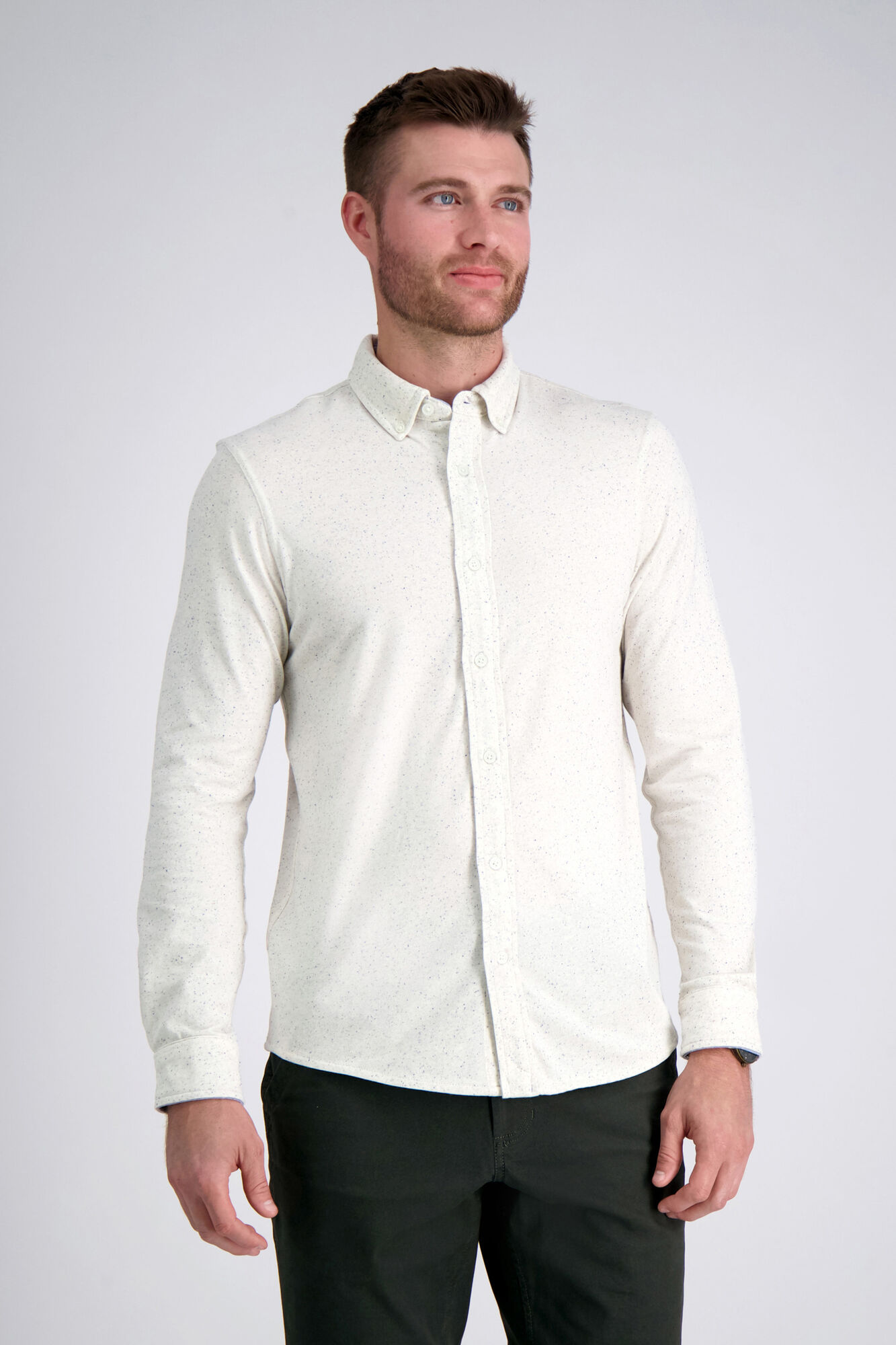 Haggar Long Sleeve Jersey Button Down Shirt Light Grey (UK70031 Clothing Shirts & Tops) photo