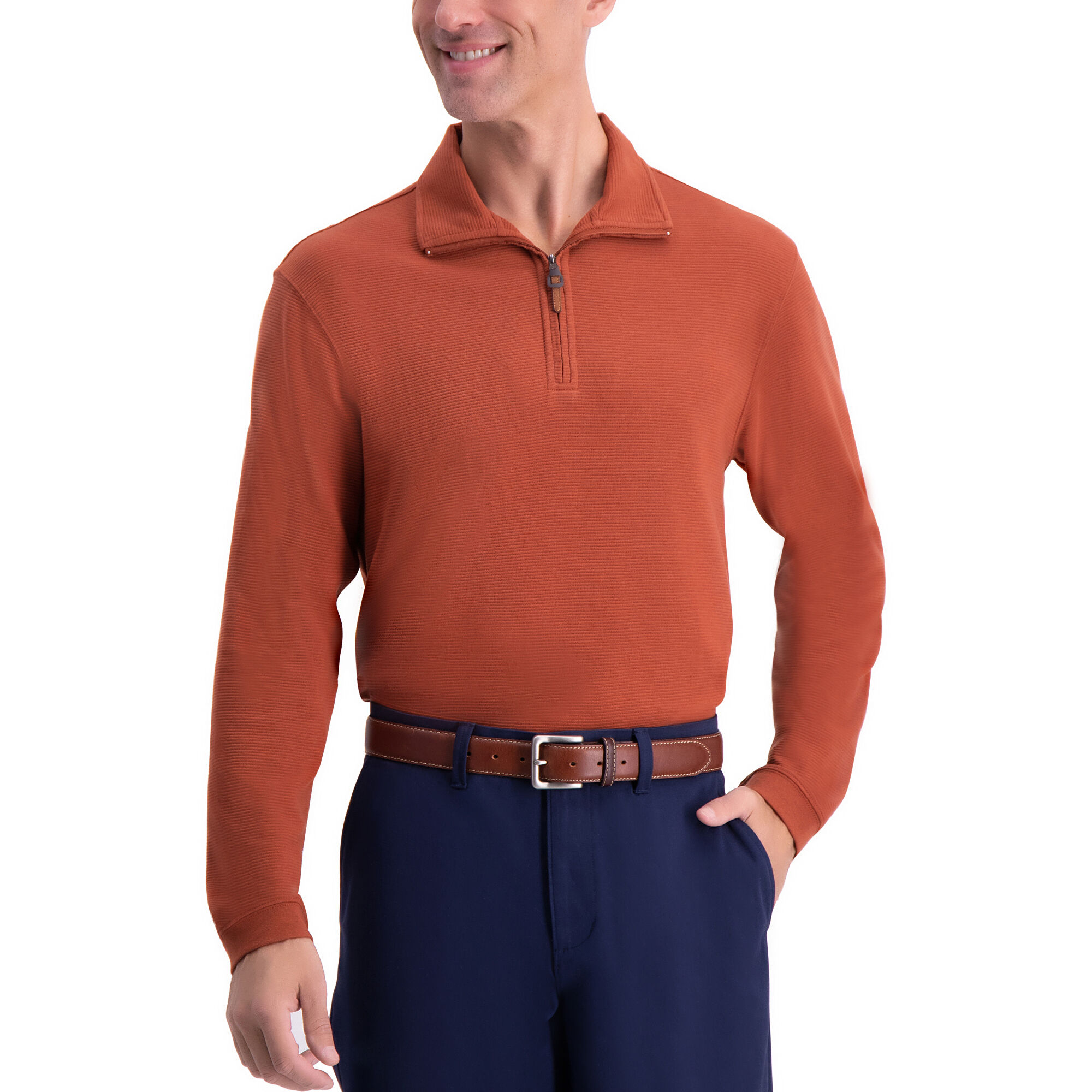 Haggar 1/4 Zip Ribbed Sweater Rust 1/4 Zip Lightweight Cotton Poly Blend Machine Washable Imported Style #: 037477 Size - S