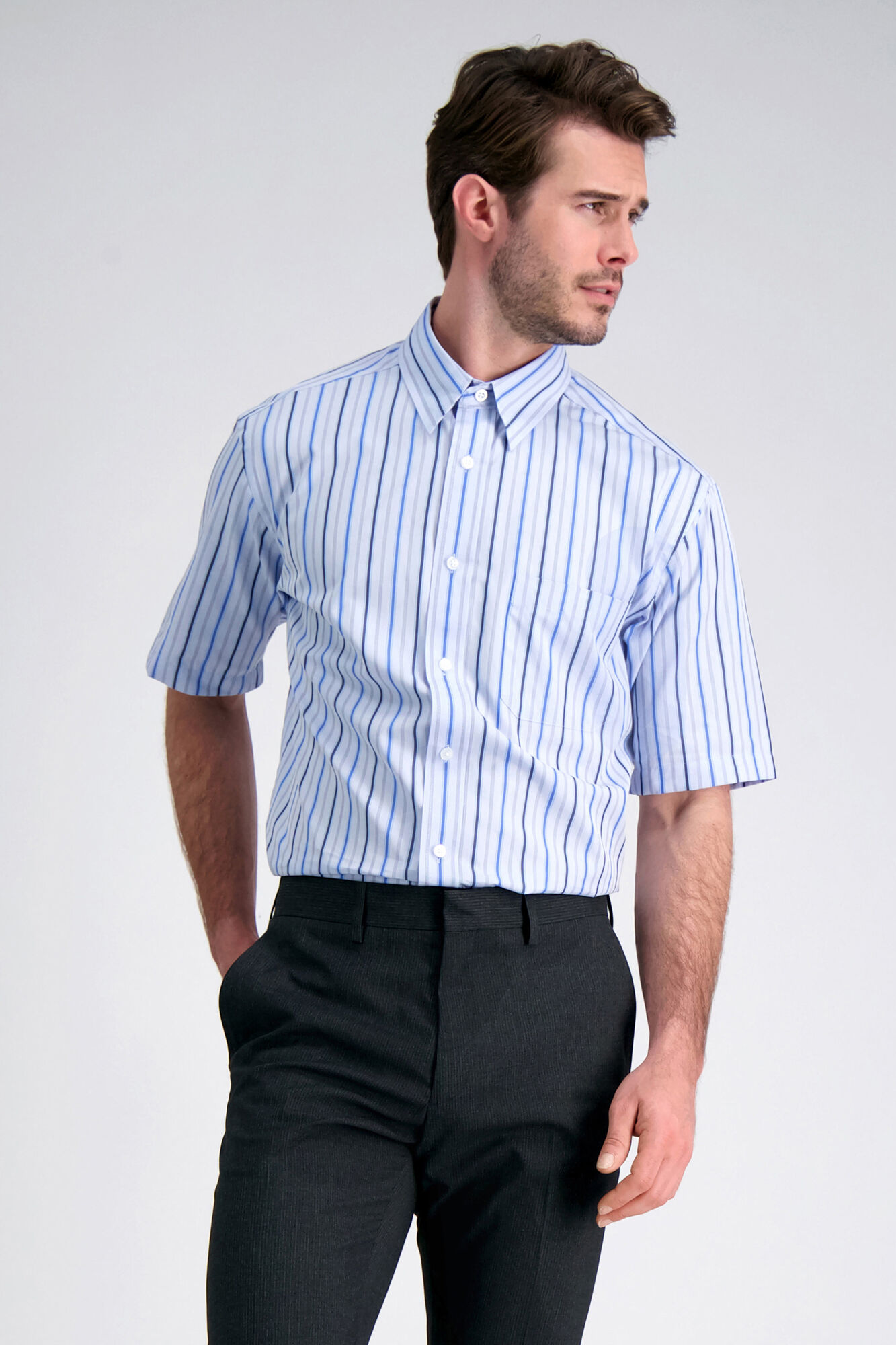 Haggar Stripe Button Down Shirt Blue (HW00540 Clothing Shirts & Tops) photo