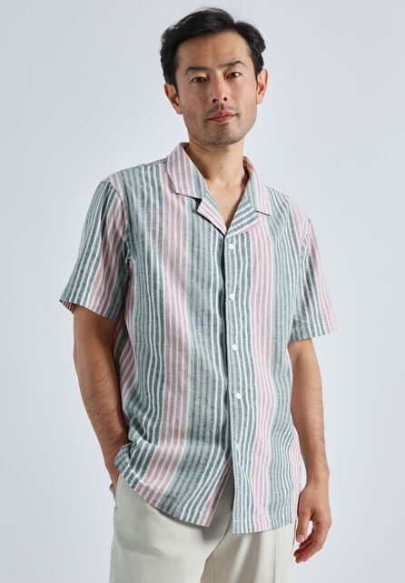 Short Sleeve Linen Stripe Camp Shirt, Pink