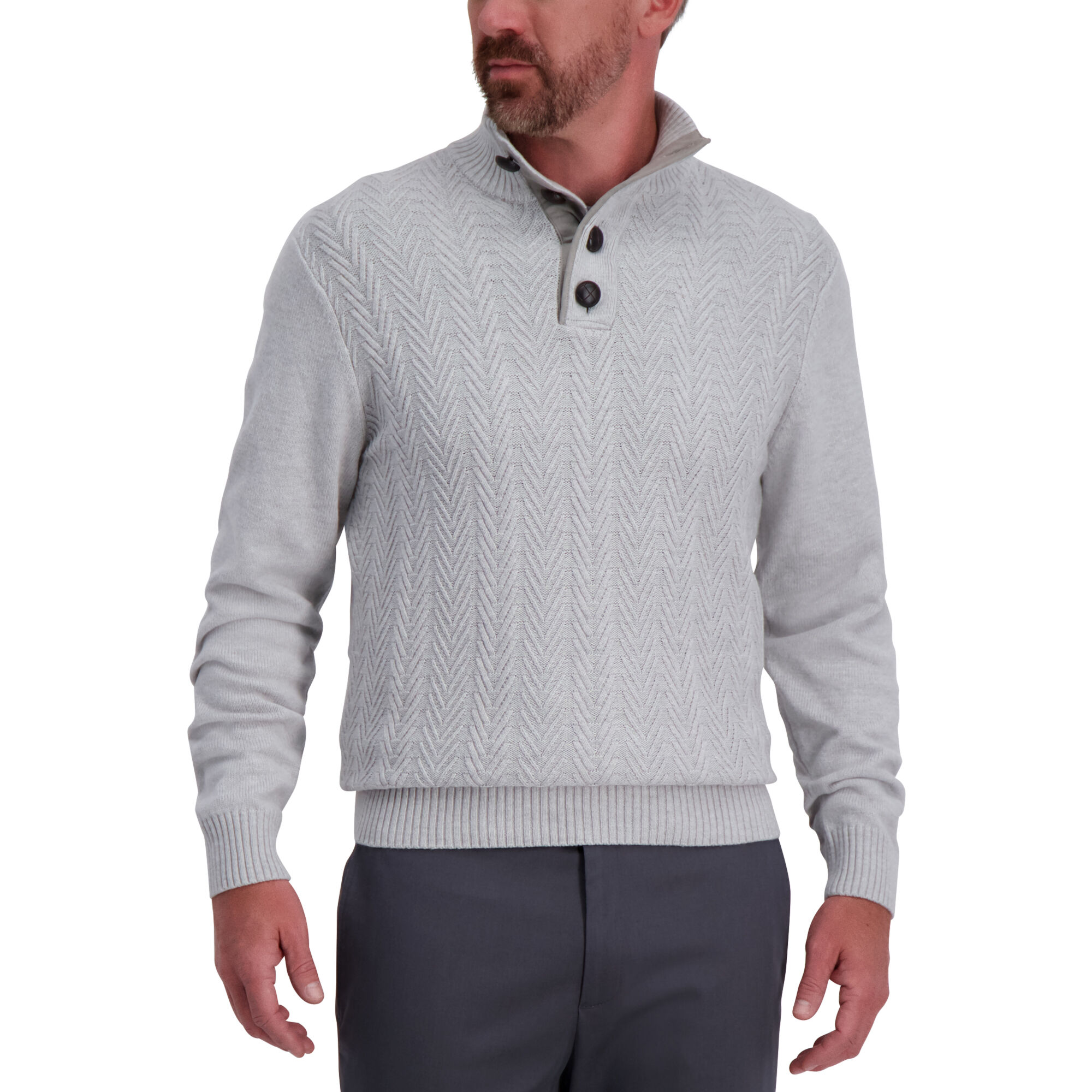 Herringbone Button Mock Neck Sweater