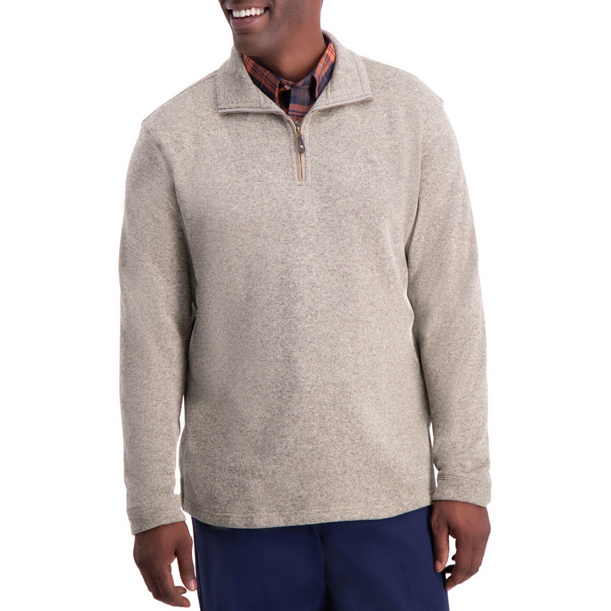 Haggar 1/4 Zip Knit Fleece Sweater Khaki 1/4 Zip Marled with Faux Suede 100% Polyester Machine Washable Imported Style #: 037301 Size - S