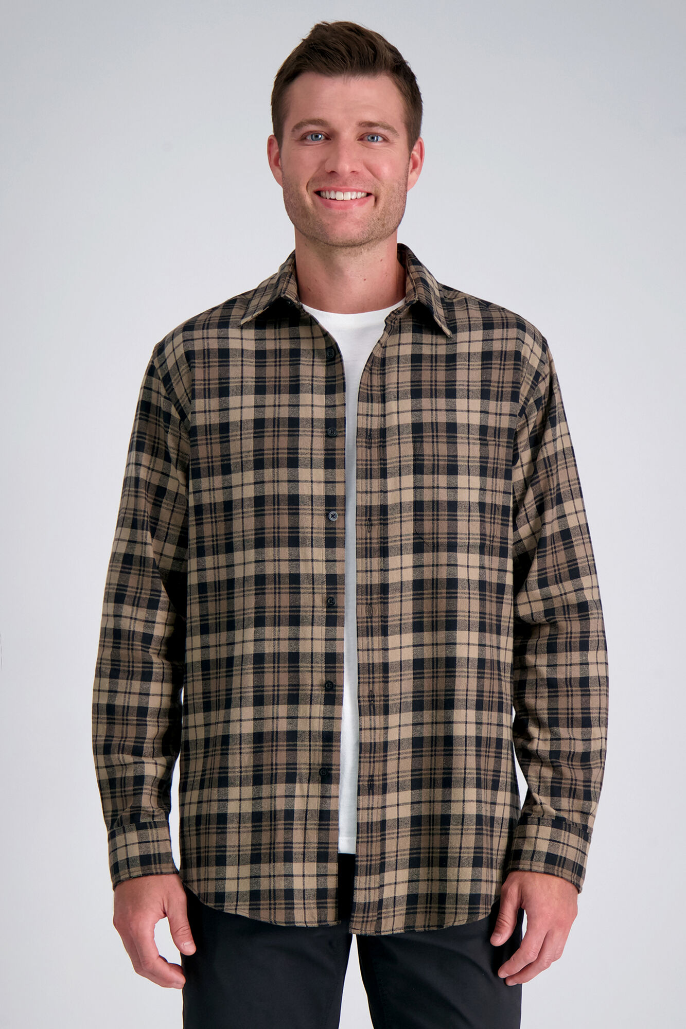 Haggar Long Sleeve Flannel Plaid Shirt Mocha (HW00573 Clothing Shirts & Tops) photo
