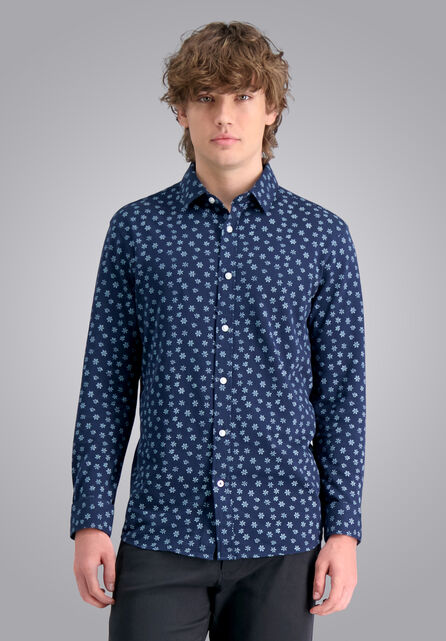 Long Sleeve Floral Pique Shirt, Navy