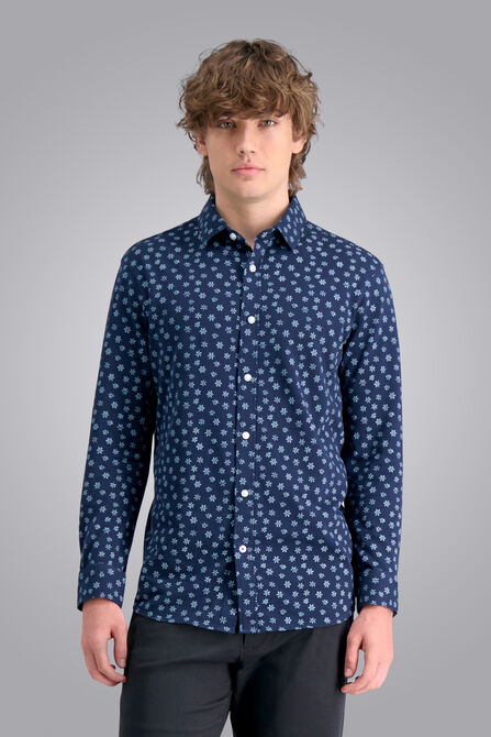 Long Sleeve Floral Pique Shirt, Navy view# 1