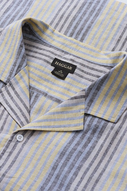 Short Sleeve Linen Stripe Camp Shirt, Yellow view# 4