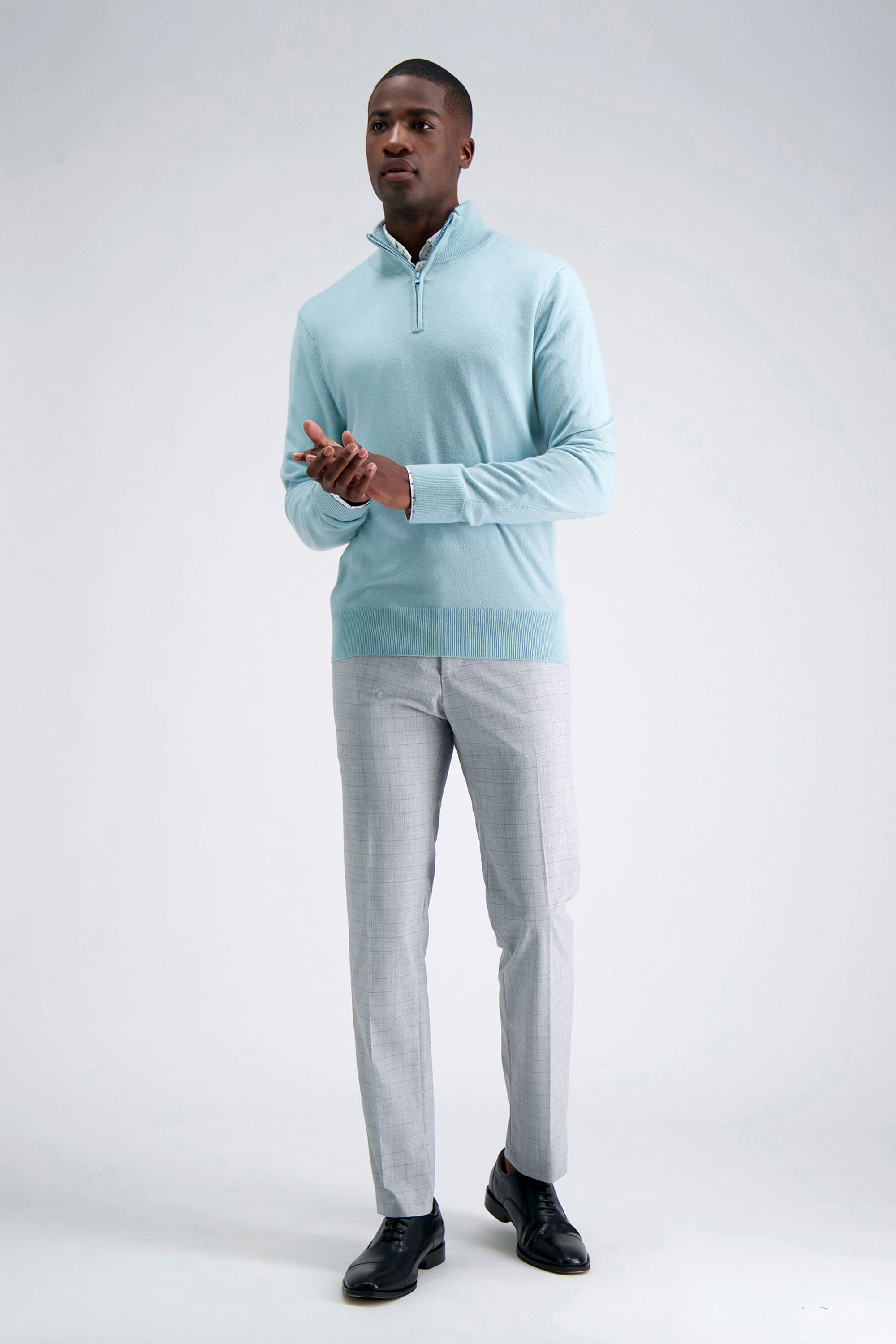 Gray pants blue sweater store
