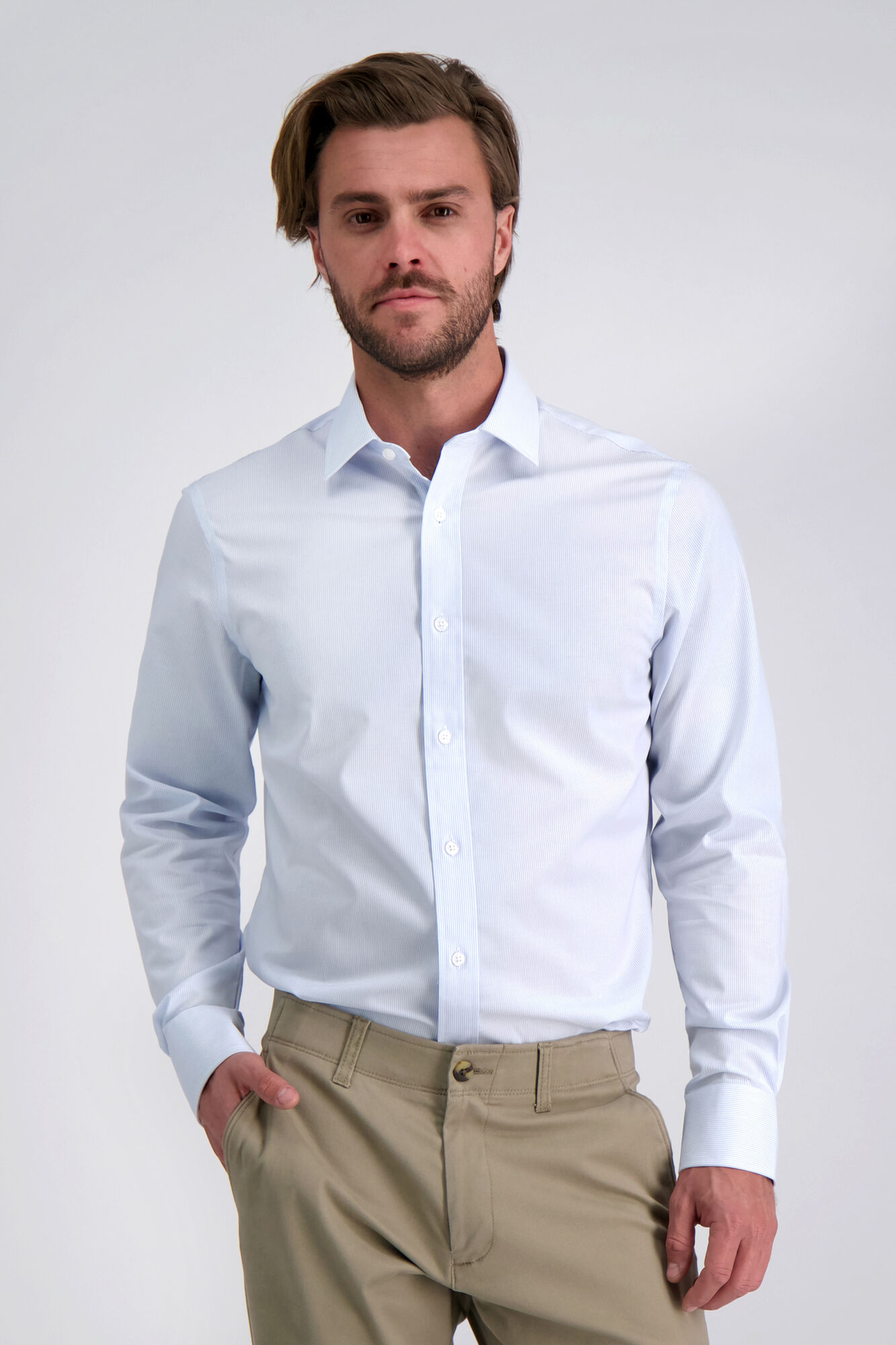 Haggar Premium Comfort Performance Cotton Dress Shirt - White & Blue Stripe Oatmeal (HAG028HE517 Clothing Shirts & Tops) photo