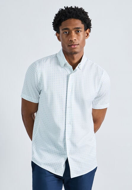 Short Sleeve Seersucker Performance Button-Down Shirt, Lt Blue