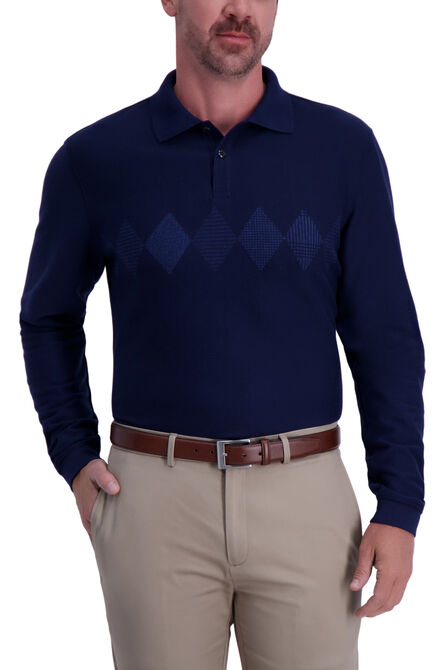 Argyle Chest Stripe Long Sleeve Polo - Navy,  Navy Heather view# 1