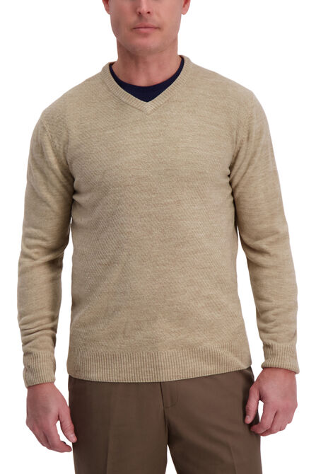 Textured Diamond V-Neck Sweater, British Khaki view# 1